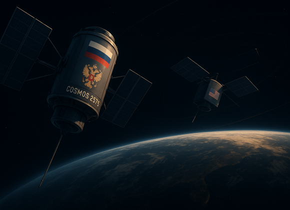 Satellites in close orbit above Earth showing Russian Cosmos 2576 trailing a U.S. spy satellite, symbolizing nuclear threat in space.