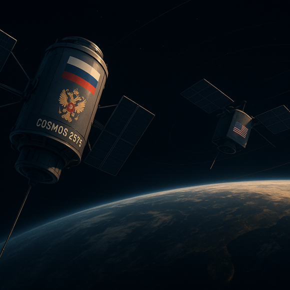 Satellites in close orbit above Earth showing Russian Cosmos 2576 trailing a U.S. spy satellite, symbolizing nuclear threat in space.