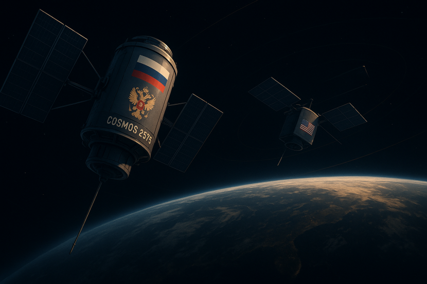 Satellites in close orbit above Earth showing Russian Cosmos 2576 trailing a U.S. spy satellite, symbolizing nuclear threat in space.