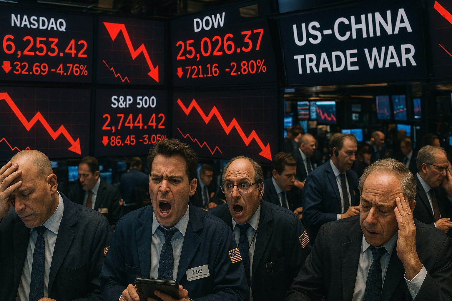 Stock market traders reacting to significant losses during a trade war.