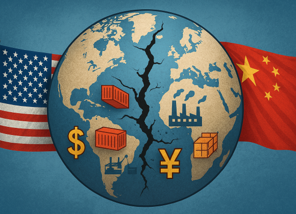 U.S. and China flags on a cracked globe, symbolizing the economic divide caused by reciprocal tariffs and trade war.