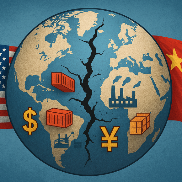 U.S. and China flags on a cracked globe, symbolizing the economic divide caused by reciprocal tariffs and trade war.