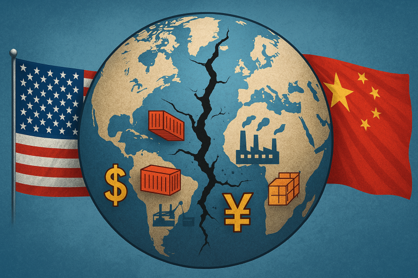U.S. and China flags on a cracked globe, symbolizing the economic divide caused by reciprocal tariffs and trade war.