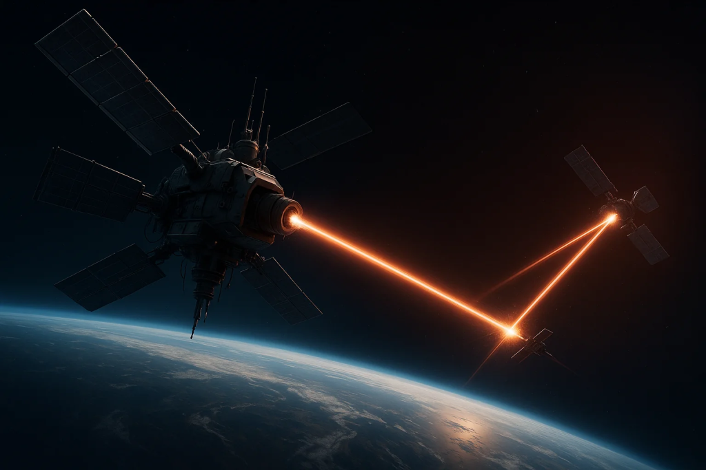 Satellite with weapons targeting another satellite, depicting space militarization.