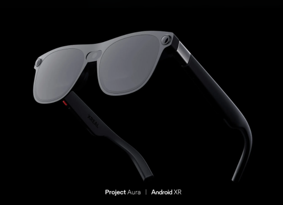 Sleek black Project Aura AR smart glasses by Xreal, featuring a modern design and powered by Android XR