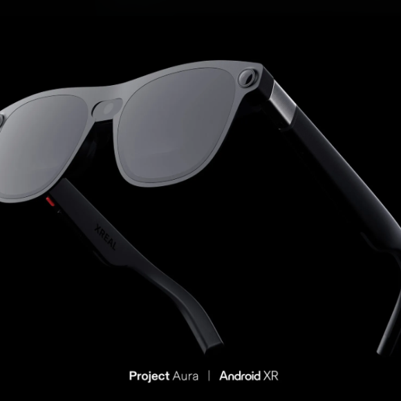 Sleek black Project Aura AR smart glasses by Xreal, featuring a modern design and powered by Android XR