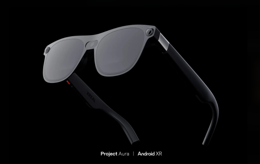Sleek black Project Aura AR smart glasses by Xreal, featuring a modern design and powered by Android XR