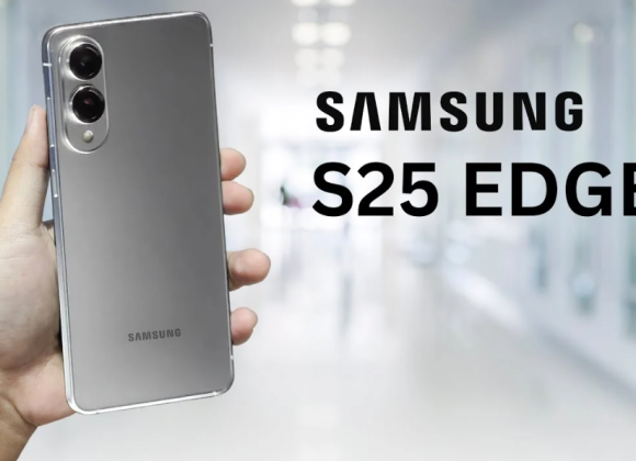Hand holding a silver Samsung S25 Edge smartphone with dual rear cameras, with "Samsung S25 Edge.