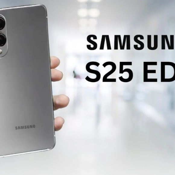 Hand holding a silver Samsung S25 Edge smartphone with dual rear cameras, with "Samsung S25 Edge.