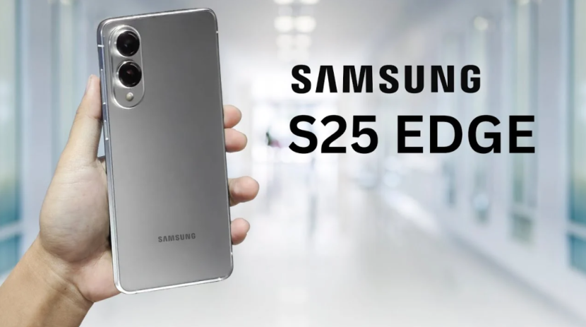 Hand holding a silver Samsung S25 Edge smartphone with dual rear cameras, with "Samsung S25 Edge.