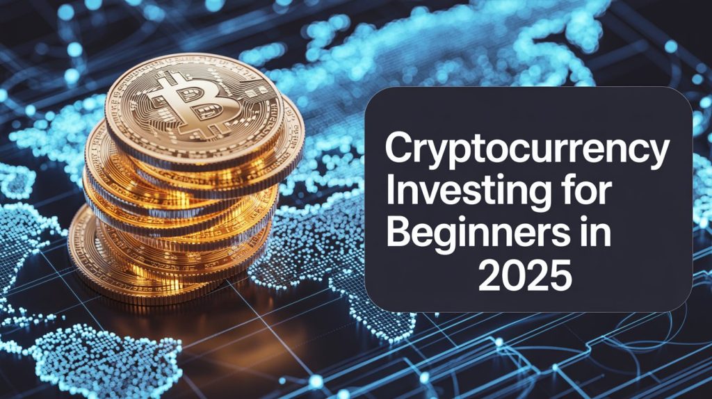 Stack of gold Bitcoins on a digital world map with text: "Cryptocurrency Investing for Beginners in 2025.