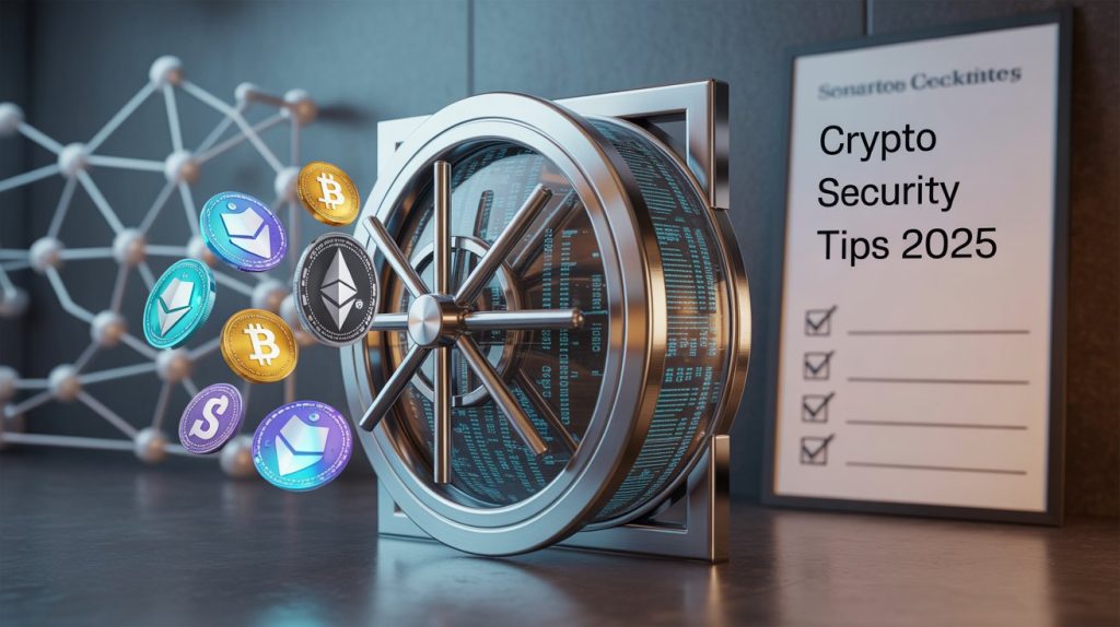 Vault door with floating crypto coins and a checklist titled "Crypto Security Tips 2025.