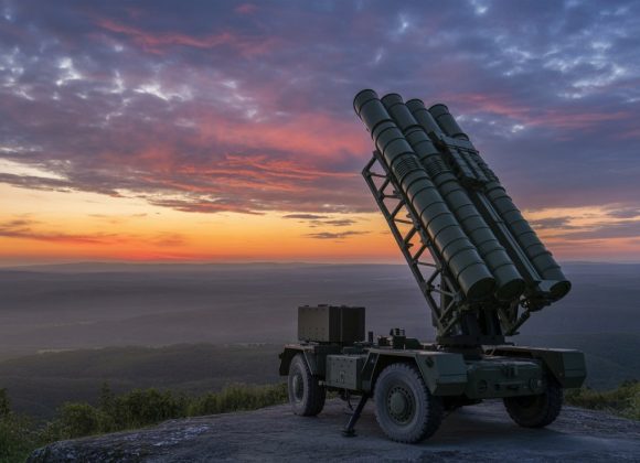 A mobile air defence missile system positioned on a mountaintop at sunset, with multiple missile launch tubes angled upward against a colourful sky.