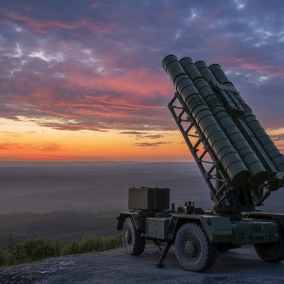 A mobile air defence missile system positioned on a mountaintop at sunset, with multiple missile launch tubes angled upward against a colourful sky.