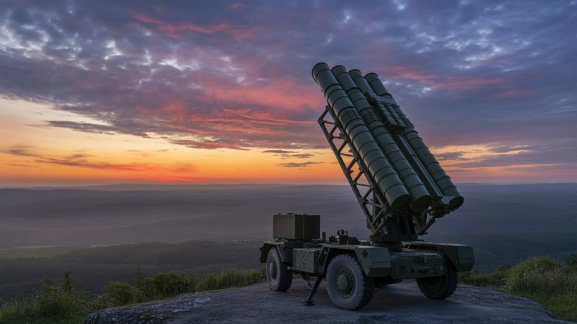 A mobile air defence missile system positioned on a mountaintop at sunset, with multiple missile launch tubes angled upward against a colourful sky.