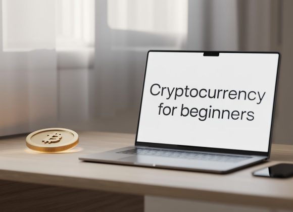 Cryptocurrency for beginners on laptop screen with Bitcoin coin and phone on desk.