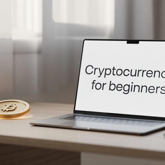Cryptocurrency for beginners on laptop screen with Bitcoin coin and phone on desk.