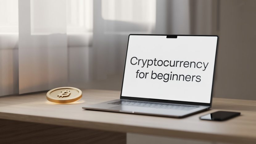 Cryptocurrency Investing for Beginners in 2025: Essential Things to Know First Cryptocurrency for beginners on laptop screen with Bitcoin coin and phone on desk.