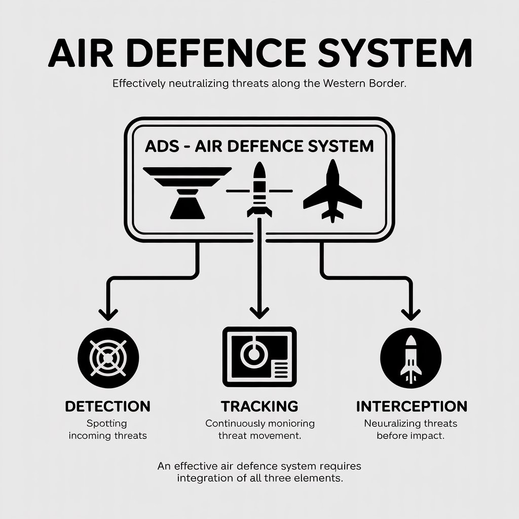 Infographic of Air Defence System showing Detection, Tracking, and Interception with icons and brief descriptions.