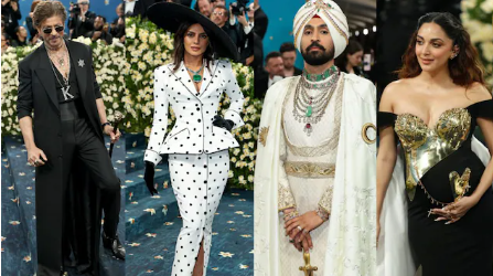 Indian celebrities in glamorous Met Gala outfits.