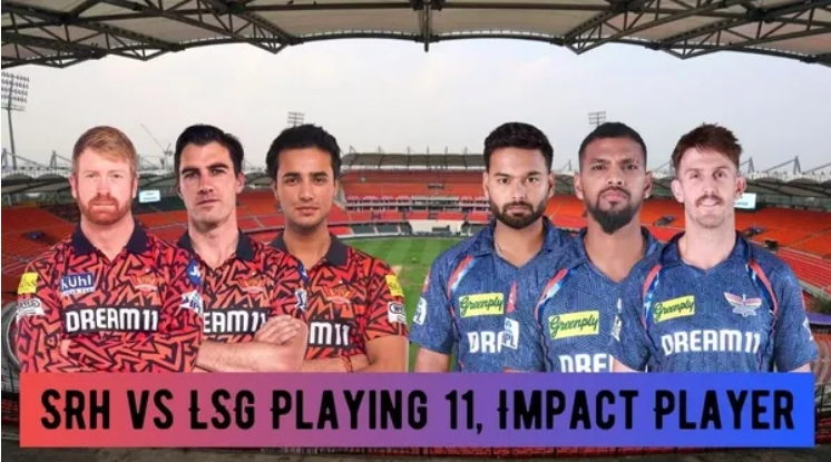 SRH and LSG players in team jerseys at a cricket stadium with the text "SRH vs LSG Playing 11, Impact Player" displayed.