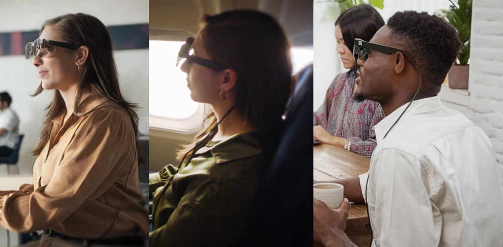 People wearing AR smart glasses in different everyday settings—an office, on an airplane, and at a cafe