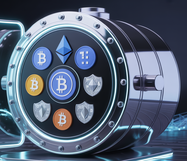 Crypto vault door with Bitcoin, Ethereum, and security shield icons.