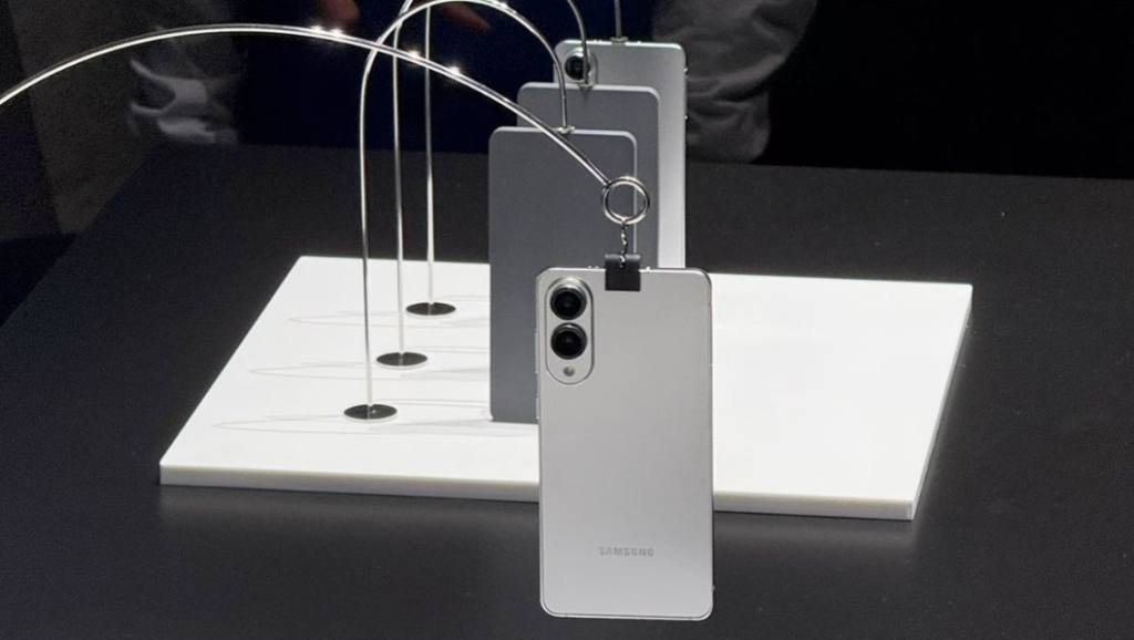 A slim Samsung Galaxy S24 Edge phone with dual rear cameras is suspended on display with identical models in the background.