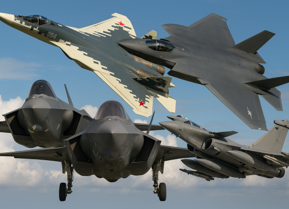 Top 10 Most Powerful Military Aircraft Fleets in 2025: See Where India Ranks? Four modern fighter jets—Su-57, J-20, F-35, and Rafale.
