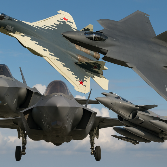 Four modern fighter jets—Su-57, J-20, F-35, and Rafale.