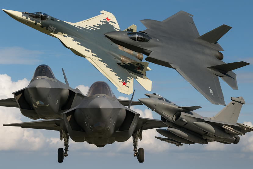 Four modern fighter jets—Su-57, J-20, F-35, and Rafale.